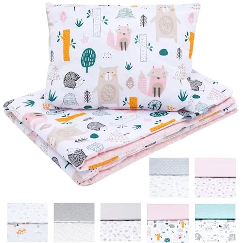 Bellochi Multifunktional Baby Decke Set - Doppelseitig Baby Bettwäsche 75x100 cm und Kissen 30x40cm - aus 100% Baumwolle - Wald