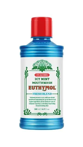 Euthymol Mundspülung ICY Mint 500ml, Mit Fluorid, Ohne Alkohol, Starker Geschmack, Reduziert Plaque, Reinigt Zähne & Zahnfleisch, Erfrischt Atem, Tägliche Mund- & Zahnpflege