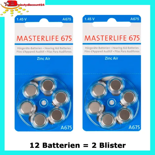 Stück MASTERLIFE  BATTERIEN Typ 675 PR44  HÖRGERÄTE BATTERIE A675 12