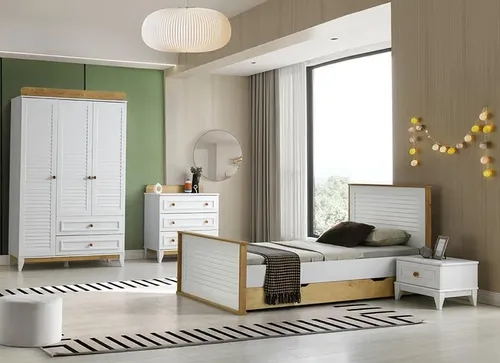 Garnitur Kinderbett 4tlg – Modernes Kindermöbel Set für das Kinderzimmer - Vielseitiges 4-teiliges Set für das Schlafzimmer mit Bett, Kommode, Nachttisch und Schrank. Aus robustem Holz in Weiß – ideal für stilvolle und funktionale Einrichtung.