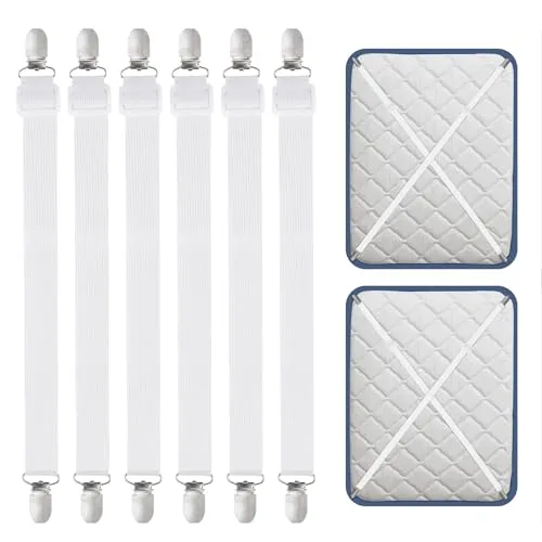 Carehabi Bettlakenklammern, 55–250 cm verstellbare Bettlakenspanner 6 Stück, Weiße Elastische Betttuchspanner für Bettwäsche,Bettlaken, Matratze, Bügelbrett oder Sofa
