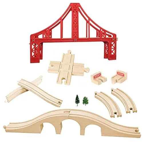 OrgMemory Eisenbahn Set, Hängebrücke, Holzeisenbahn Eisenbahnbrücke, Kreuzung, Stopp Track und Gebogene Gleise Kompatibel mit Anderer Marken