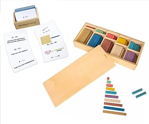 Montessori-Material Zahlenraum bis 100 inkl. Rechenstäbchen u. 100 Aufgabenkarten mit Selbstkotrolle