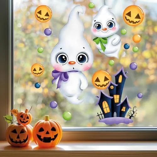 Sunnywall Fensterbild Fensterdeko Halloween Fensteraufkleber statisch selbstklebend beidseitiger Druck Aufkleber Fenstersticker WIEDERVERWENDBAR (Gespenster, DIN A4 Bogen)