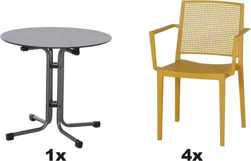 Siena Garden Gartensessel Square Sessel Set (4er) mit Tisch Sola Ø 80 cm - 4 stapelbare Sessel und ein eleganter Tisch, witterungsbeständig und pflegeleicht. Ideal für gesellige Runden im Freien, belastbar bis 150 kg und made in Europe.