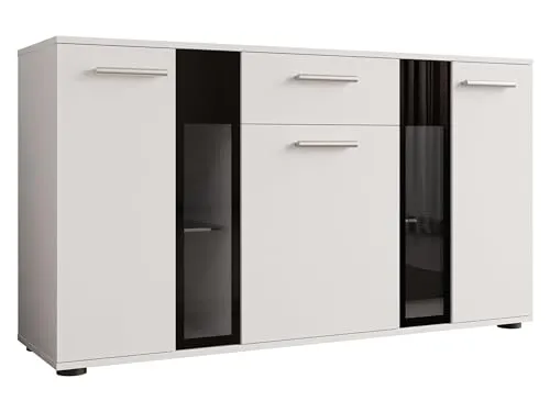 Mirjan24 Kommode Weiß, 141x80 cm - Stilvolle Kommode für das Wohnzimmer aus Holzwerkstoff mit 1 Schublade, ideal für zusätzlichen Stauraum und modernes Design.