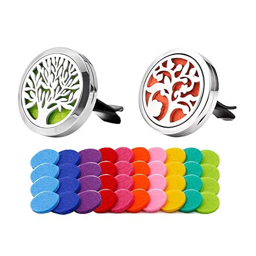 QitinDasen 2Pcs Premium Auto Aromatherapie Ätherische Öle Diffusor, Auto Aromatherapie Edelstahl Vent Clip, mit 40Pcs Ersatz Filzunterlage (10 Farben) Ohne Öl (Lebensbaum & Glücksbaum)