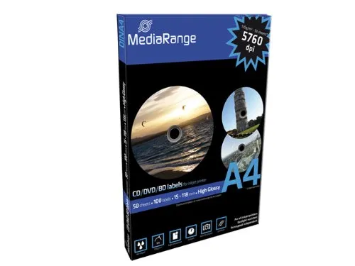 MediaRange CD DVD BD-R Etiketten 250 Bl. 118 x 15 glossy - Medien-Etiketten: 500 hochglänzende, wasserresistente Labels, selbstklebend und ideal für vollflächigen Druck auf CDs, DVDs und Blu-rays.