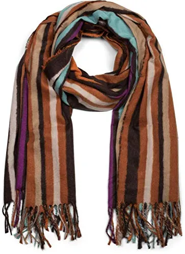 styleBREAKER Unisex Schal mit buntem Streifen Muster und langen Fransen, Colour Blocking, Winter, Stola 01017113, Farbe:Orange-Türkis-Braun