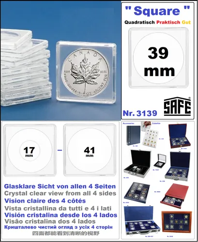 Münzkapseln Square 39 mm quadratisch 50mm Glasklar SAFE 3139-PA 1 x Pack