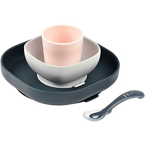 BÉABA Baby-Essensset aus Silikongeschirr, 4-teilig - Kleinkindergeschirrset mit rutschfestem Saugnapf, ideal zur Beikosteinführung. Hergestellt aus gesundem, nachhaltigem Silikon, spülmaschinen- und mikrowellengeeignet.