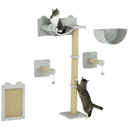 PawHut Katzen Kletterwand 5 TLG. - Aktives Kletter- und Kratzparadies für Katzen - Aktivitätskratzbaum für Katzen bis 5 kg, mit platzsparendem Wanddesign und gemütlichen Rückzugsmöglichkeiten, ideal für Spiel und Entspannung.