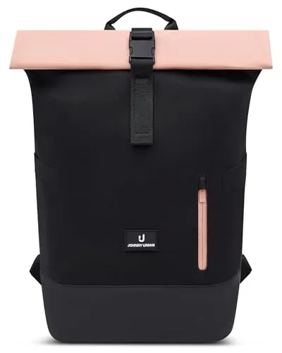Johnny Urban Rolltop Rucksack Schwarz Rosa - Luca Medium - Flexibler Tagesrucksack mit Laptopfach - Vielseitiger Rolltop-Rucksack mit erweiterbarem Volumen von 17 bis 21 Litern. Ideal für Arbeit, Uni oder Reisen. Robustes, wasserabweisendes Material und durchdachte Fächer für optimalen Komfort und Stauraum.