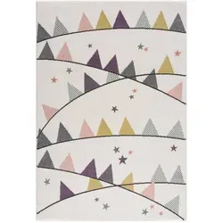 Kinderteppich Creme Lila 80x150 cm - Wimpel-Motiv für Kinderzimmer - Teppich & Läufer für Baby- & Kleinkinderzimmer, mit schimmerndem Flor und strapazierfähigem Material, ideal als weiche Spielunterlage für kleine Entdecker.