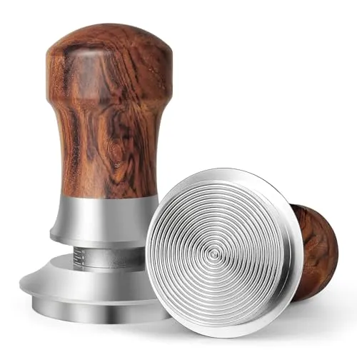 HOLIHOKY Tamper 51mm, Federbelastet Kaffee Tamper mit Edelstahl 304 Gewindeboden, Espresso Tamper mit Holzgriff