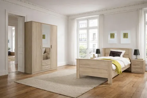 Schlafzimmerset Komfortbett Nako mit Schrank in Eiche - Elegantes Schlafzimmerset mit Komfortbett und geräumigem Kleiderschrank in Eiche Bianco Nachbildung. Ideal für ein stilvolles und funktionales Schlafzimmer, bietet es eine erhöhte Einstiegshöhe und viel Stauraum.