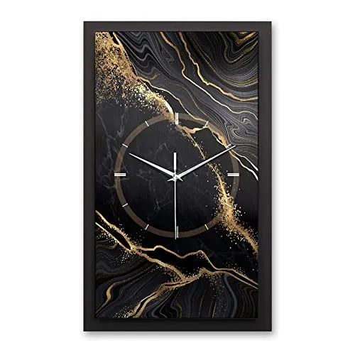 Kreative Feder 3D Designer-Wanduhr Black & Gold Waves in modernem Metallic-Look 50x30cm rechteckig analog lautlos ohne Ticken (Black & Gold Waves, leises Funkuhrwerk)