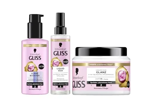 Gliss 4-in-1 Kur Reparatur Liquid Silk (400 ml) mit HaptIQ-System, Haarmaske & Express-Repair-Spülung Liquid Silk (200 ml) Hitzeschutz (230 °C) & Glanz Booster Haarserum (100 ml) brillanter Glanz