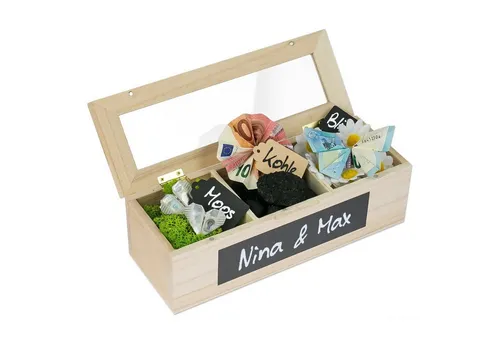 SURPRISA Geschenkbox Schotter-Schatulle Geldgeschenk, aus Paulownienholz, 3 Fächer, Geschenk zur Hochzeit, Geburtstag usw.
