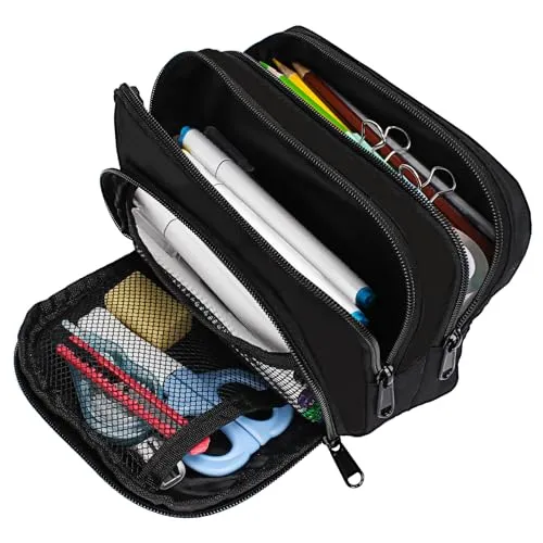 Euqvunn Federmäppchen Mäppchen Groß mit 3 Fächer, Stifteetui Schreibwaren Organizer für Schule und Büro, Jungen, Mädchen und Erwachsene sind alle geeignet -Schwarz
