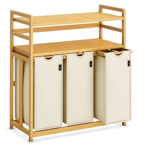 AdelDream Wäschekorb 150 l 3 Fächer 2 Regale ausziehbarer und abnehmbarer Wäschesack Wäschesammler Bambusrahmen Wäschebox laundry baskets Wäschesortierer Bambus Beige