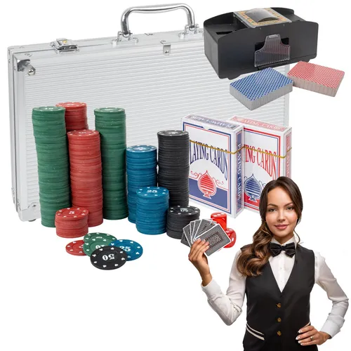 Poker-Set KLASSISCH mit Kartenmischer – 300 Pokerchips, Karten, Würfel, Koffer