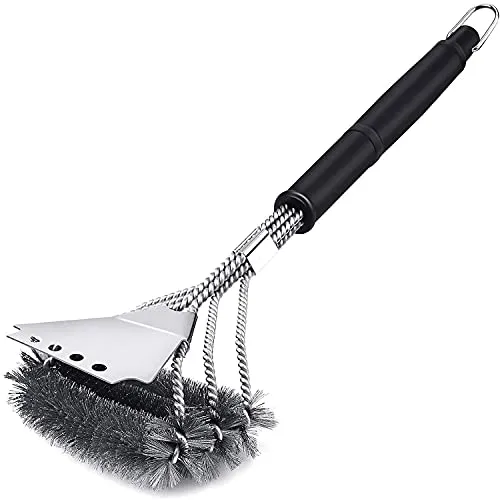 VDISRR Grillbürste, Grillbürste für Gussrost, Dreireihigen Edelstahlborsten, Lange Griff aus Kunststoff, für Holzkohle-, Elektro- und Gasgrills (Grillbürste mit Schaber)