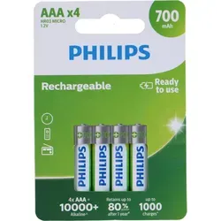 Philips AAABatterien - 4 Stück - HR03 Wiederaufladbare Batterien - NiMH 1.2V - 1000 Wiederaufladungen - 700mAh - Grün/Weiß