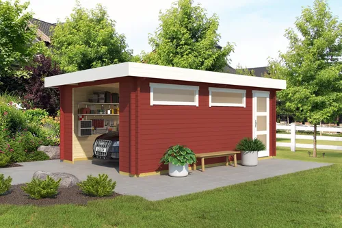 Lasita Garage Pultdach Canberra 44 mm rot 422x600 cm - Robuste Blockbohlen-Garage mit abschließbarer Einzeltür und 2 Fenstern. Ideal für sicheren Stauraum im Garten. Nutzfläche von 18,66 m².