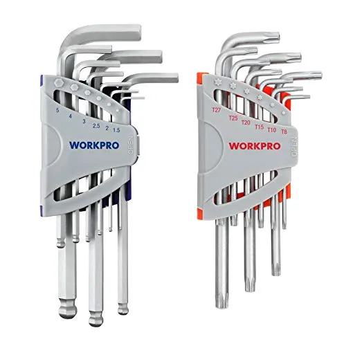 WORKPRO Innensechskantschlüssel Set 18tlg, Torx- und Kugelkopf Winkelschlüsselsatz 1,5-10 mm, T8 -T45, Cr-V-Stahl, Innensechskantschlüssel Satz, torx set klein und kompakt für Fahrrad und Handwerk