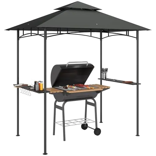 Outsunny Grillpavillon mit LED - 240 x 150 cm - Grillpavillon mit Doppelschichtdach und UV-Schutz, ideal für BBQ-Partys im Freien, wasserabweisend und flammhemmend für sicheres Grillvergnügen.