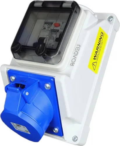 RoadEu - CEE 32A Steckdose mit FI Schutzschalter - Hochwertige CEE 32A Wandsteckdose mit integriertem FI-Schutzschalter für maximale Sicherheit. IP54-zertifiziert, ideal für Innen- und Außeneinsatz in Werkstätten und Gärten.