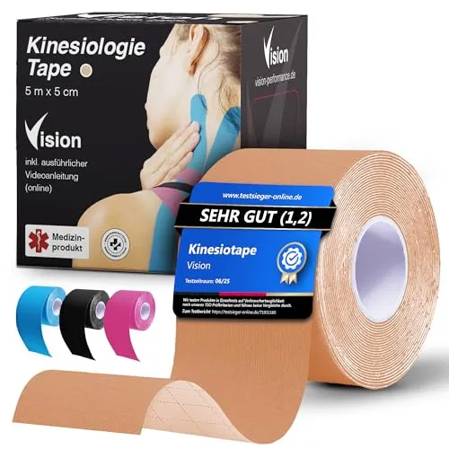 Vision Kinesiologie Tape Hautfarben – 5 cm x 5 m – Kinesio Tape mit extra starkem Halt – Super hautverträgliche Kinesio Tapes – Tape Kinesio – Atmungsaktives und wasserfestes Physio Tape