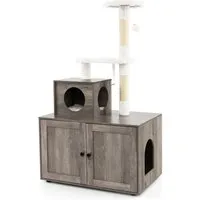 Costway Katzenbaum und Spielhaus Grau 77,5x49x132 cm - Katzenmöbel mit integriertem Katzenhaus und Kratzbaum, ideal für Spiel und Entspannung. Stabil und kippsicher, bietet es Ihrer Katze ein sicheres Zuhause zum Kratzen und Spielen.