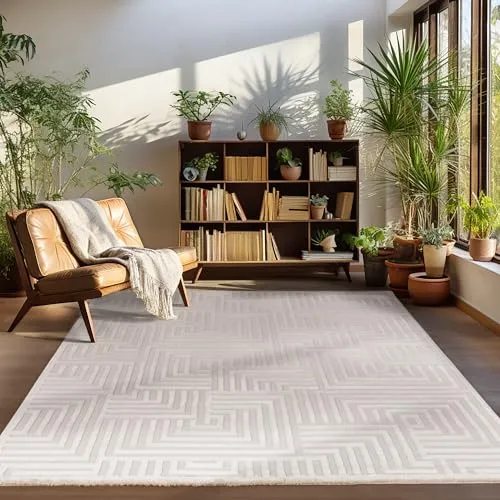 Carpettex Kurzflor Teppich Läufer Flur Wohnzimmerteppich Beige 80 x 150 cm Teppich Skandinavisch Stil Teppich 3D Effekt - Waschbarer Bettvorleger Schlafzimmer Küchenläufer Geometrisches Muster Weich