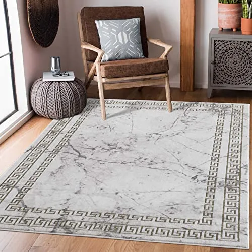 carpet city Teppich Wohnzimmer - 80x150 cm Kurzflor Grau Golden - Bordüre, Mäander, Stein-Optik - Moderne Teppiche Flachflor - Deko Schlafzimmer