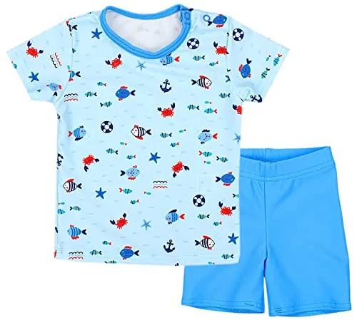 Aquarti Baby Jungen Bade-Set Zweiteiliger Kinder Badeanzug T-Shirt Badehose UV-Schutz, Farbe: Kleine Fische Hellblau/Blau, Größe: 86