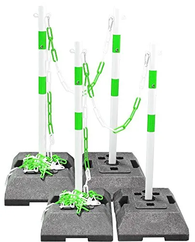 UvV Kettenpfosten grün-weiß 4 Stahl Absperrpfosten 20m Kette Sperrpfostenset 18 kg Fuß