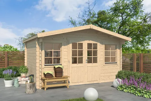 Fjordholz Gartenhaus Modell Florian 44 – Massivholz für Ihren Garten - Robustes Gartenhaus aus 44mm nordischer Fichte mit isolierten Fenstern und Doppeltür. Optimaler Schutz und individuelle Anpassungsmöglichkeiten für ein langlebiges Gartenprojekt.