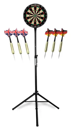 Stagecaptain DBS-1715 BullsEye Pro Dartscheibe + Ständer Set Schwarz - Dartscheibe aus Sisal mit extra dünner Drahtspinne, inkl. höhenverstellbarem Stahlständer und Zubehör, ideal für Turniere und ambitionierte Spieler.