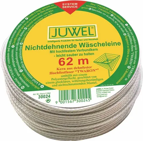 Wäscheleine Twaron 62 m - Hochfestes Wäscheseil für optimalen Halt - Wäscheleinen, 62 m lang aus Hochfestverbundkern mit glasklarem Mantel, ideal für zuverlässiges Trocknen im Freien oder Zuhause.