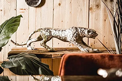 MichaelNoll Leopard Dekofigur - Elegante Raubkatze aus Aluminium - Statuen - Exklusive Leoparden Skulptur in Silber, handgefertigt und in 3 Größen erhältlich, ideal für stilvolle Wohnräume.