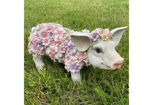 Online-Fuchs Gartenfigur süßes STEHENDES Schwein - Gartenverzierungen, charmante Figur mit Blumenkleid, ideal für Balkon und Terrasse, Maße: 34x14x18 cm, bringt Freude in Ihren Garten.
