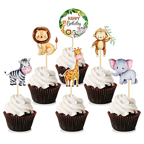 Stück Jungle Safari Animal Cupcake Toppers Happy Birthday Cake Decor für Kinder Wild Jungle Animal Theme Birthday Party Supplies Feiern Party Events Baby Shower 24