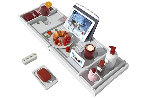 Badewannen-Caddy für Luxus-Badewanne, Bambus, wasserdicht, erweiterbar, Badewannentisch, mit Wein- und Buchhalter und Seifenablage (weiß)