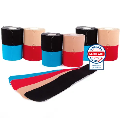 Axion Kinesiologie-Tape PRECUT 12er Mix-Set - Praktisches 12er Set vorgeschnittener Kinesiologie-Tapes in 4 Farben, wasserfest und hautfreundlich – ideal für Sportler und Physiotherapeuten zur Unterstützung von Muskeln und Gelenken.