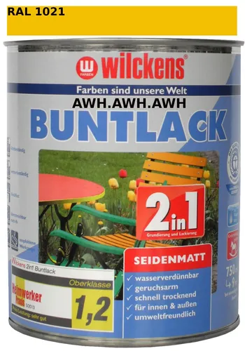 Wilckens Lackfarbe 2 in 1, Buntlack, 0,75l, rapsgelb RAL 1021 - Hochdeckende, wasserbasierte Lackfarbe für Innen und Außen, ideal für Holz, Metall und Kunststoff. Schnelltrocknend und blockfest, perfekt für Kindermöbel und Spielzeug.