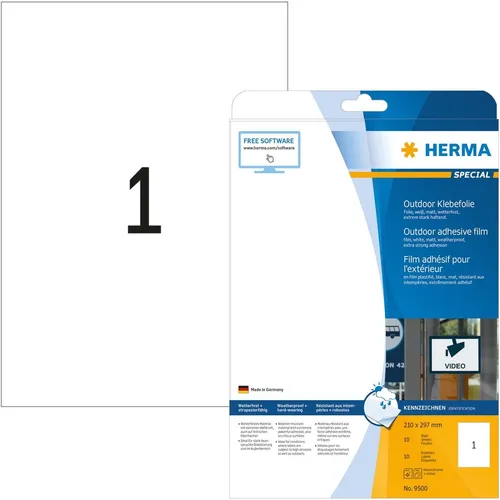 HERMA 9500 Wetterfeste Folienetiketten - Universal-Aufkleber, ideal für extreme Bedingungen, temperaturbeständig von -40 bis +150 °C, umweltfreundlich mit lösemittelfreiem Haftkleber.