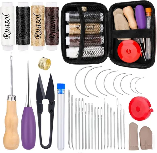 38-teiliges Polsterreparaturset mit Nähgarn und Nadeln - Vielseitiges Nähzubehör-Set für Leder- und Textilreparaturen, ideal für Anfänger und Profis. Enthält 38 Teile, darunter hochwertige Wachsfäden und verschiedene Nadeln für alle Ihre Nähbedürfnisse.
