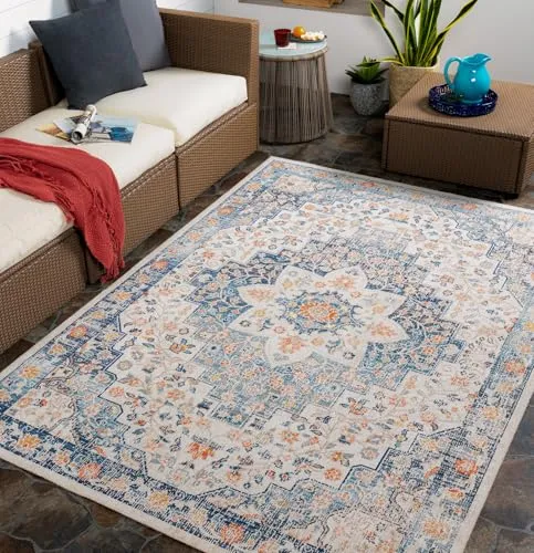 Livabliss Vintage-Teppich Blau 120x170 cm - Outdoor-Teppich mit Oeko-Tex® Standard 100, ideal für Innen- und Außenbereiche. Pflegeleicht und langlebig, perfekt für stark frequentierte Räume und ein stilvolles Wohnambiente.